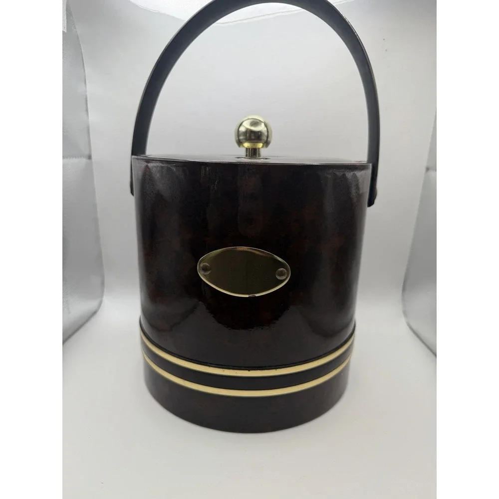 Vintage Faux Burl Wood Ice Bucket Brass Tone MCM Barware Vinyl Woodgrain